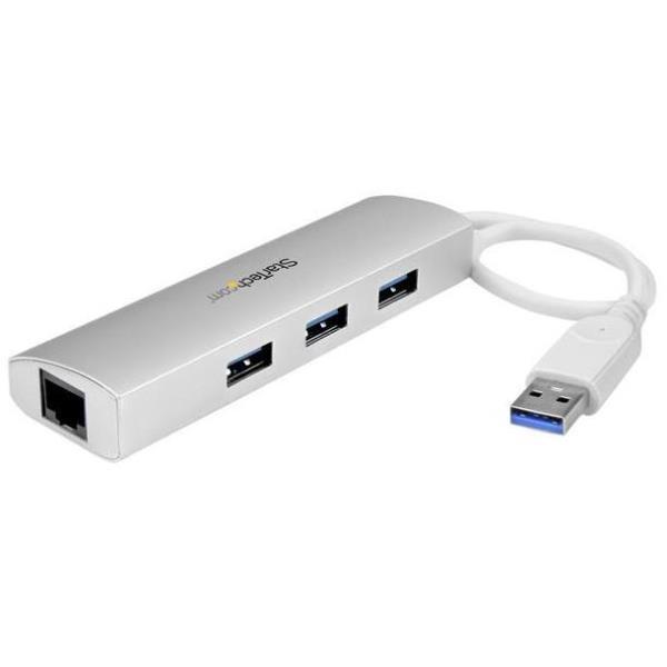 StarTech.com Hub USB 3.0 a 3 porte con Adattatore NIC Ethernet Gigabit Gbe in alluminio con cavo integrato perfetto per MacBook - Hub - 3 x SuperSpeed USB 3.0 + 1 x 10/100/1000