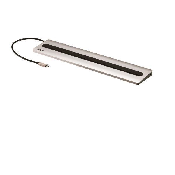ATEN Dock multiporta USB-C con pass-through dell?alimentazione, Cablato, USB 3.2 Gen 1 (3.1 Gen 1) Type-C, 10,100,1000 Mbit/s, Nero, Grigio, MicroSD (TransFlash), MicroSDHC, MicroSDXC, SD, SDHC, SDXC, 128 GB