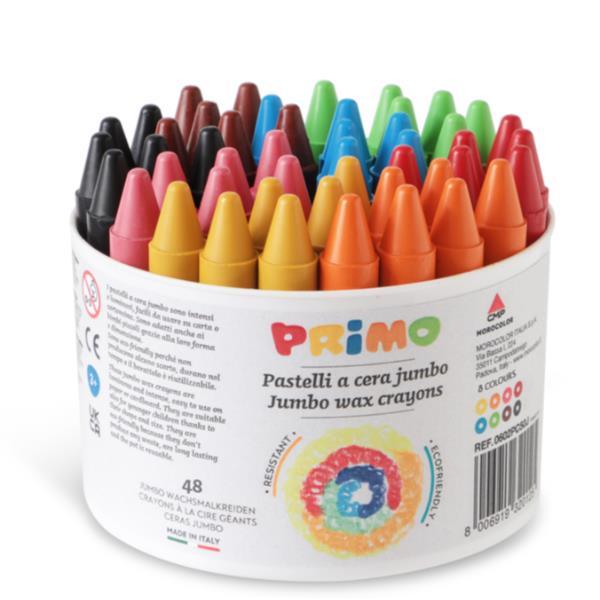 PRIMO PASTELLI A CERA JUMB0 DIAMETRO 10.5 mm CON BARATTOLO COLORI ASSORTITI CONF 48 Pz.