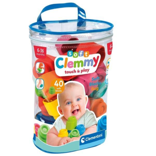 CLEMENTONI SOFT CLEMMY MATTONCINI MORBIDI IMPILABILI GIOCO SENSORIALE SACCA CON 40 Pz.