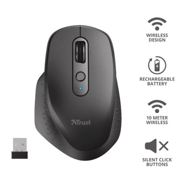 Trust Ozaa - Mouse - ergonomico - 6 pulsanti - senza fili - ricevitore wireless USB - nero