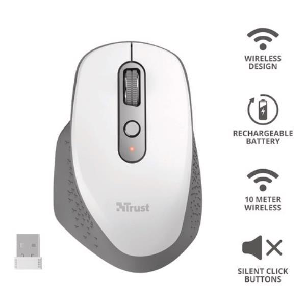 TRUST OZAA RECHARGEABLE MOUSE OTTICO RICARICABILE WIRELESS RICEVITORE USB ERGONOMICO 6 PILSANTI 2.400 DPI BIANCO