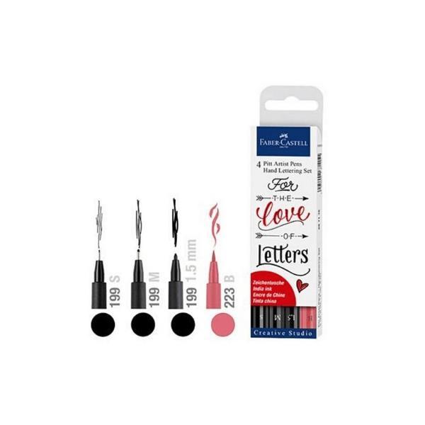 Faber-Castell PITT Artist Pen Handlettering - Pennello penna, penna con punta in fibra ottica e set di finissaggi - permanente - colori assortiti - nero indiano (pacchetto di 4)