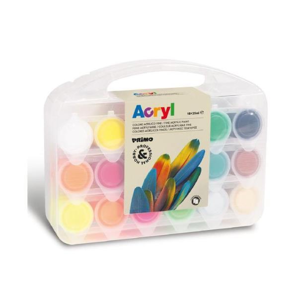 PRIMO COLORI ACRILICI 18 VASETTI DA 25 ML IN VALIGETTA CON 2 CARTONCINI TELATI COLORI ASSORTITI