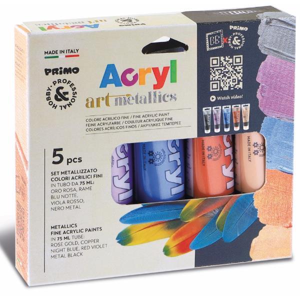 Colori Acryl - 75 ml - colori metal assortiti - Primo - astuccio 5 colori