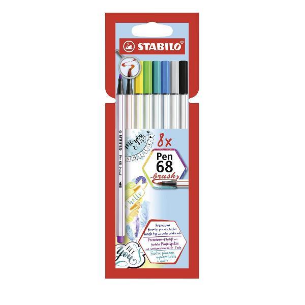 STABILO Pen 68 - Penna con punta a pennello - colori assortiti - inchiostro base acqua - sottile-ampio (pacchetto di 8)