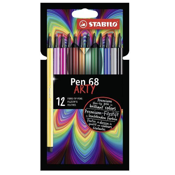 STABILO ARTY Pen 68 - Penna punta in fibra - colori assortiti brillanti - inchiostro base acqua - 1 mm - medio (pacchetto di 12)