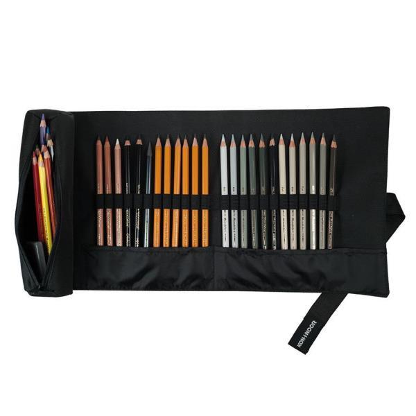 Astuccio arrotolabile Roller - con astuccio zip interno - 24 scomparti - 7,5 x 21,5 cm - tessuto - nero - Koh.I.Noor