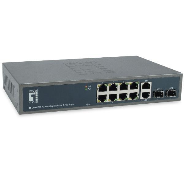 LevelOne GEP-1221 - Switch - unmanaged - 8 x 10/100/1000 (PoE+) + 2 x Gigabit SFP + 2 x 1000Base-T - montabile su rack - PoE+ (150 W)
