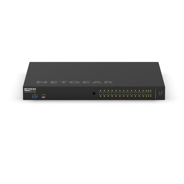 NETGEAR AV Line M4250-26G4XF-PoE+ - Switch - L3 - gestito - 24 x 10/100/1000 (PoE+) + 2 x 10/100/1000 + 4 x 1 Gigabit / 10 Gigabit SFP+ - flusso d'aria da laterale a laterale - montabile su rack - PoE+ (480 W)
