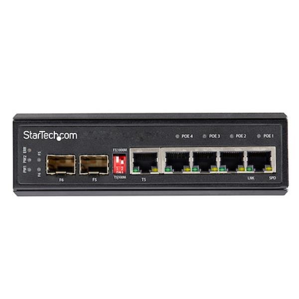 StarTech.com Switch di rete LAN a 6 porte - 4 porte PoE RJ45 + 2 slot SFP - PoE+ 30W - Switch Gigabit Ethernet industriale (IES1G52UP12V) - Switch - 1 x 10/100/1000 + 4 x 10/100/1000 (PoE+) + 2 x SFP - montabile su rail DIN - PoE+ (120 W) - alimentazione