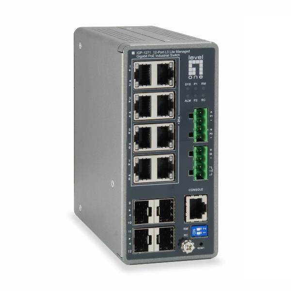 LevelOne IGP-1271 - Switch - L3 Lite - gestito - 8 x 10/100/1000 (PoE+) + 4 x Gigabit SFP - montabile su rail DIN - PoE+ (240 W) - DC power
