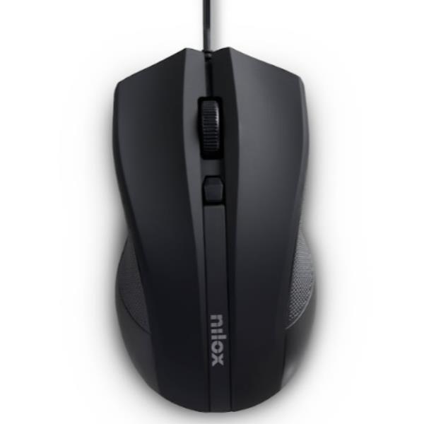 Nilox - Mouse - ergonomico - ottica - 3 pulsanti - cablato - USB - nero - retail
