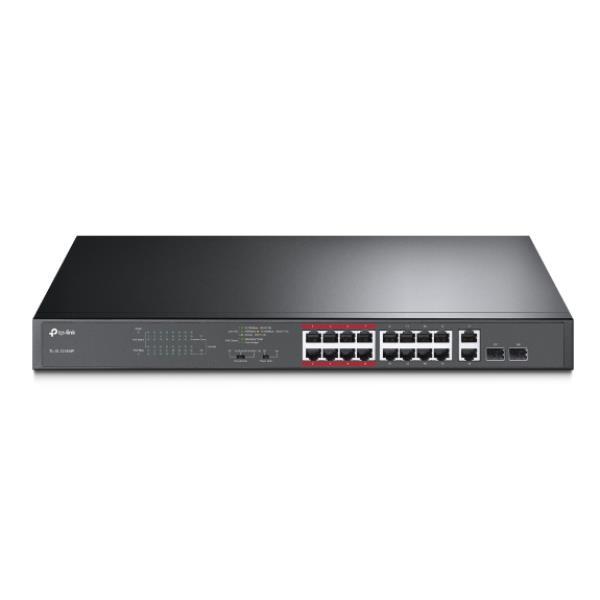 TP-Link TL-SL1218MP - Switch - unmanaged - 16 x 10/100 (PoE+) + 2 x 10/100/1000 + 2 x combo Gigabit SFP - montabile su rack (192 W)