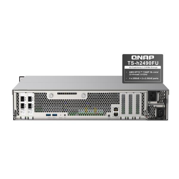QNAP TS-H2490FU - Server NAS - 24 alloggiamenti - montabile in rack - PCI Express 3.0 x4 (NVMe) - RAID 0, 1, 5, 6, 10, 50, JBOD, 60 - RAM 64 GB - 25 Gigabit Ethernet - iSCSI supporto