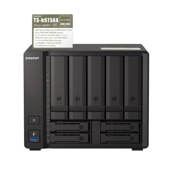 QNAP TS-H973AX-32G - Server NAS - 9 alloggiamenti - SATA 6Gb/s - RAID 0, 1, 5, 6, 10, 50, JBOD, 60, RAID TP - RAM 32 GB - 2.5 Gigabit Ethernet / 10 Gigabit Ethernet - iSCSI supporto