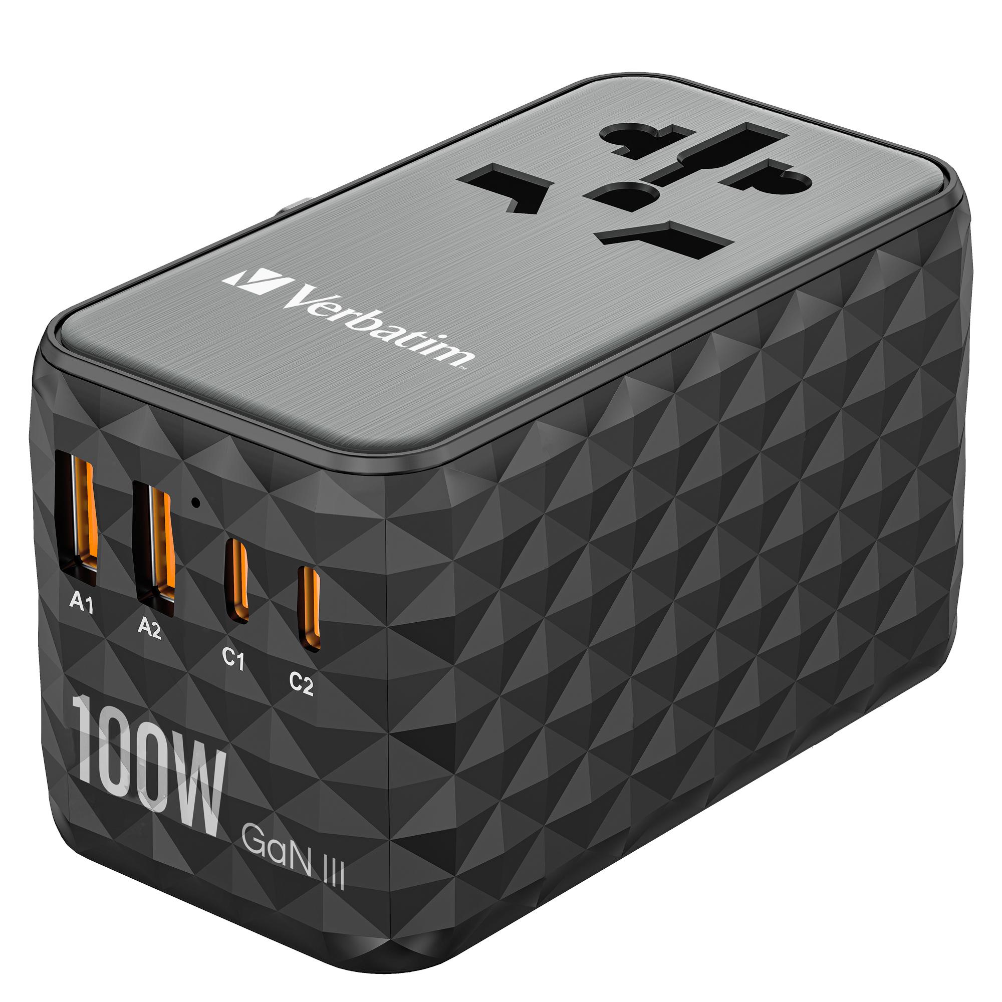 Verbatim UTA-06 - Alimentatore - GaN III, universal - 100 Watt - 5 A - Apple Fast Charge, Fast Charge, PD 3.0, QC 3.0, QC 4+, Super Charge, BC1.2, PD/PPS - 4 connettori di uscita (2 x USB, 2 x USB-C) - nero