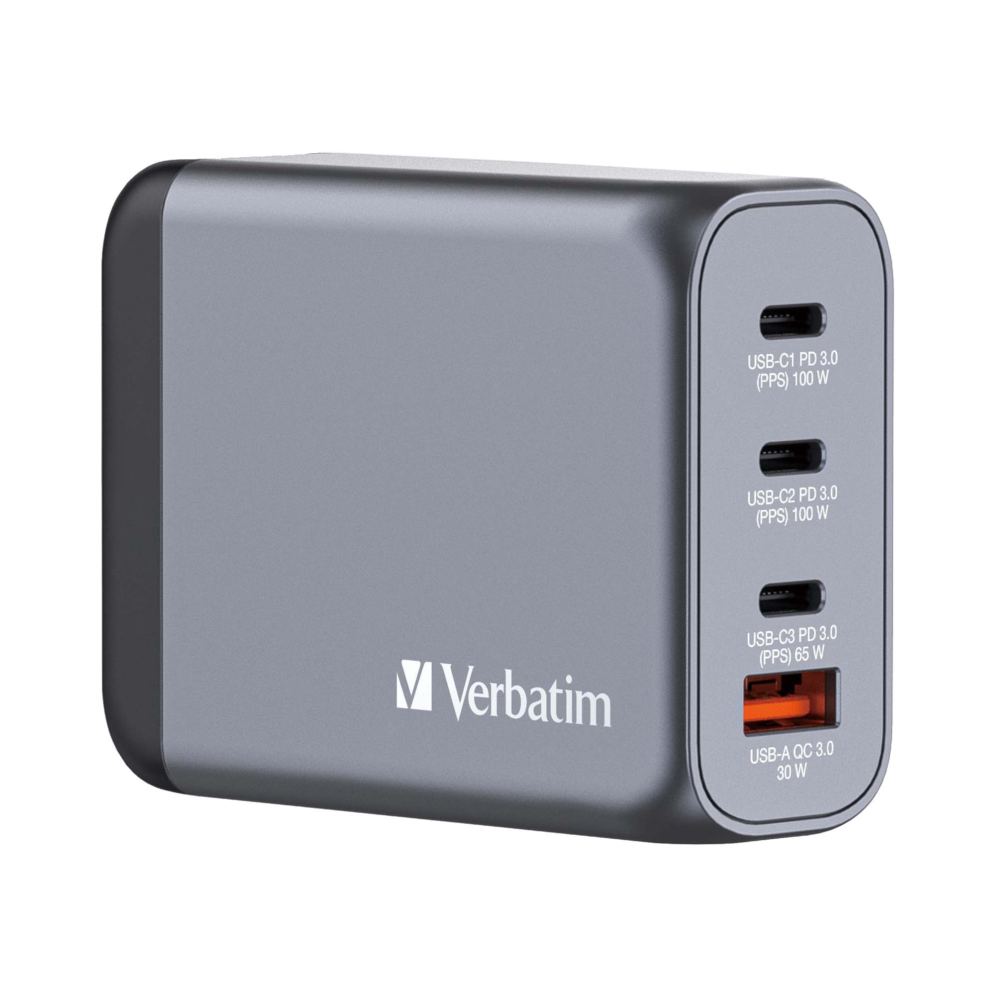 Verbatim - Alimentatore - GaN - 100 Watt - 5 A - PD 3.0, QC 3.0, PD/PPS - 4 connettori di uscita (USB, 3 x USB-C)