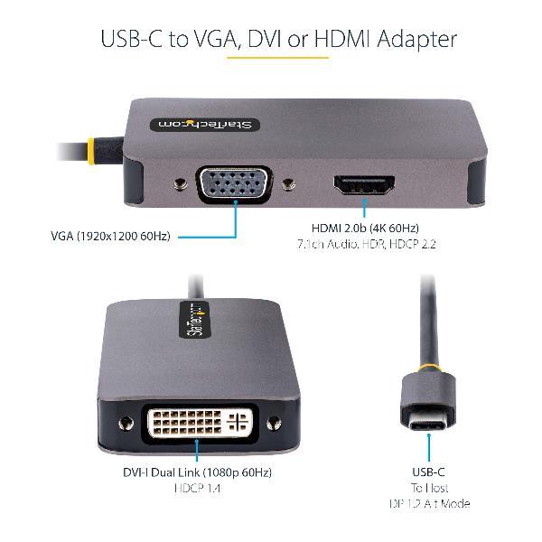 StarTech.com USB C Video Adapter, USB C to HDMI DVI VGA Adapter, Up to 4K 60Hz, Aluminum, Multiport Video Display Adapter for Laptops, Thunderbolt 3/4 Compatible, USB Type C Monitor Adapter - USB C Travel Adapter (118-USBC-HDMI-VGADVI) - Docking station -