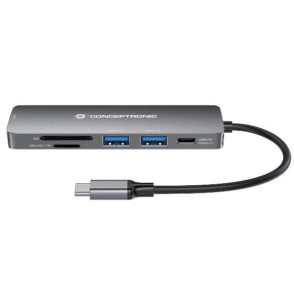 Conceptronic DONN11G, Cablato, USB 3.2 Gen 1 (3.1 Gen 1) Type-C, 100 W, Grigio, MicroSD (TransFlash), SD, 5 Gbit/s