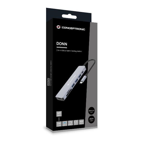 Conceptronic DONN19G, Cablato, USB 3.2 Gen 1 (3.1 Gen 1) Type-C, 100 W, Grigio, MicroSD (TransFlash), SD, 5 Gbit/s