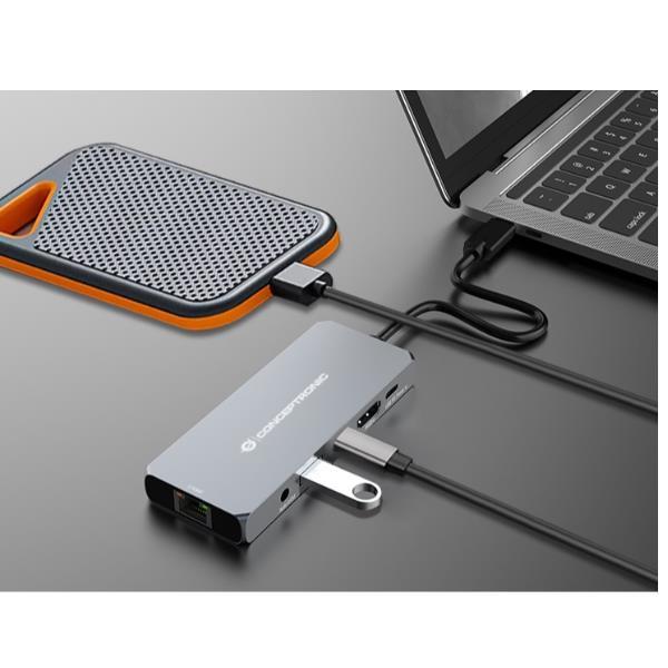 Conceptronic DONN22G, Cablato, USB 3.2 Gen 2 (3.1 Gen 2) Type-C, 100 W, 3,5 mm, 2500 Mbit/s, Grigio