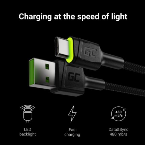 Green Cell GC Ray - Cavo USB - 24 pin USB-C (M) green LED illumination a USB (M) - 1.2 m - nero