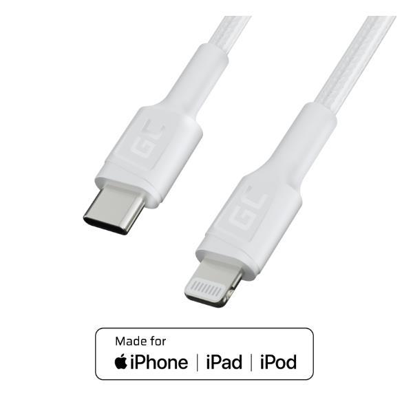 Green Cell PowerStream - Cavo Lightning - 24 pin USB-C maschio a Lightning maschio - 1 m - a doppia schermatura - Certificato MFI - bianco - Alimentazione USB (18 W), up to 480 Mbps
