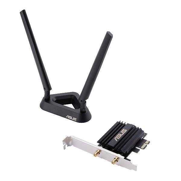 ASUS PCE-AXE59BT ADATTATORE DI RETE WI-FI 6E Tri-band (2,4 GHz/5 GHz/6 GHz) 2402 Mbit/s Pci-e CON 2 ANTENNE ESTERNE E BASE MAGNETIZZATA BLUETOOTH 5.2 SICUREZZA DI RETE WPA3 OFDMA E MU-MIMO NERO