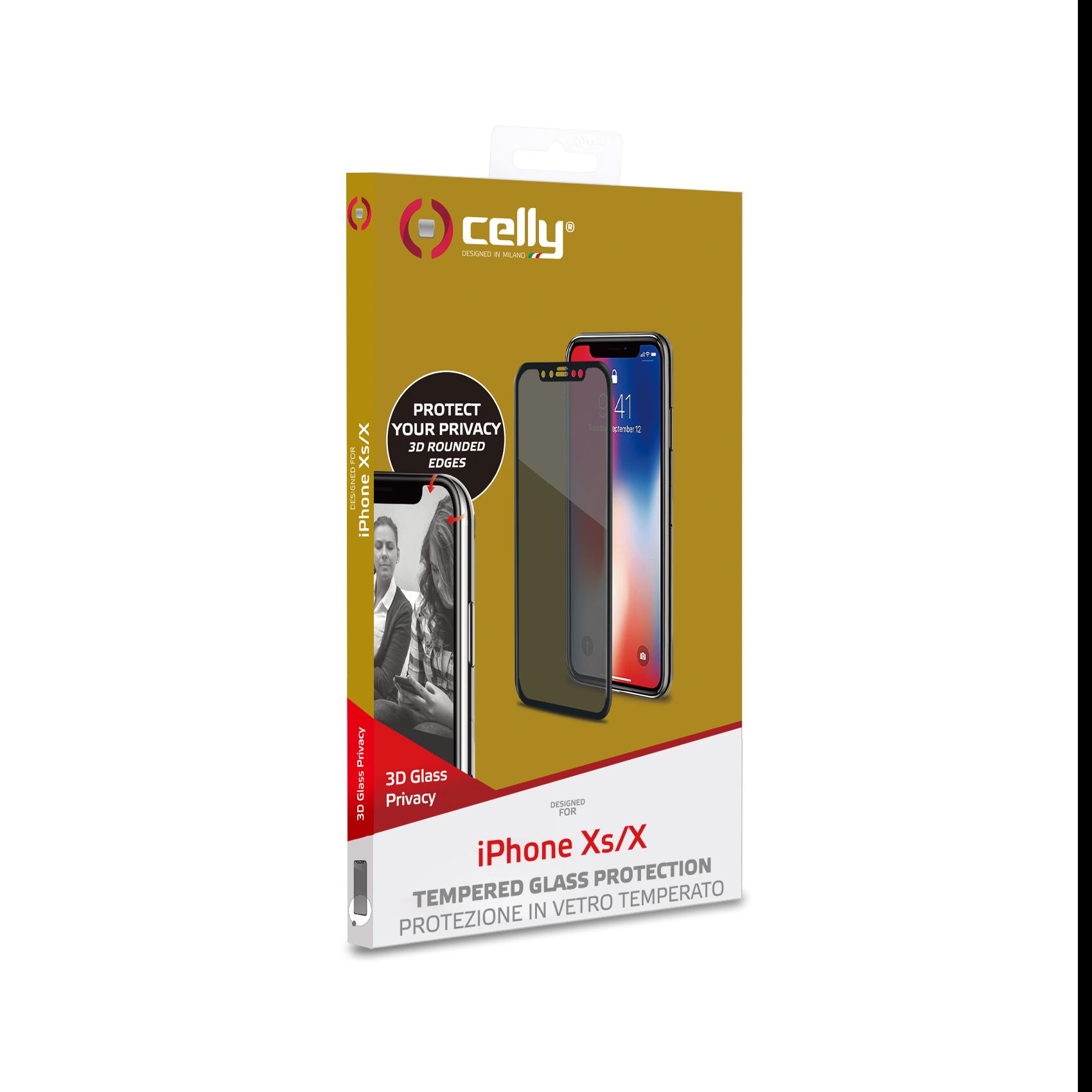 Celly - Protezione per schermo per telefono cellulare - 3D - vetro - con filtro privacy - A due vie - colore telaio nero - per Apple iPhone X, XS
