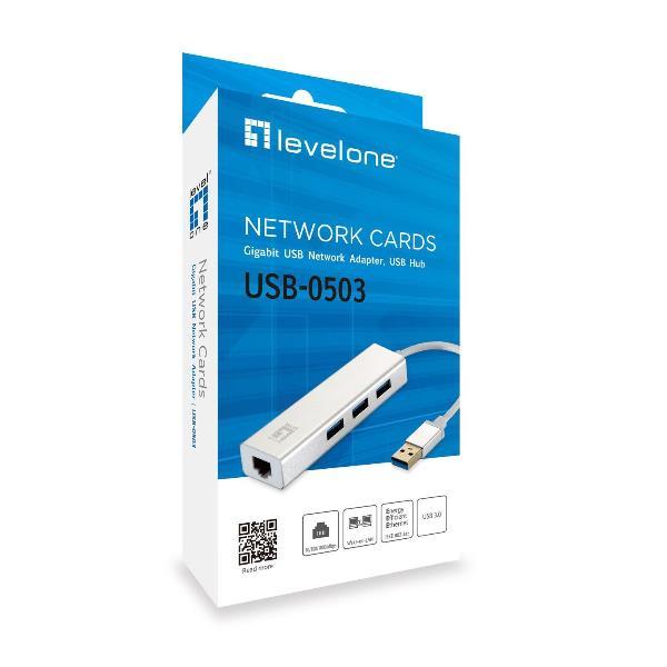 LevelOne USB-0503 - Hub - 3 x SuperSpeed USB 3.0 + 1 x 10/100/1000 - desktop