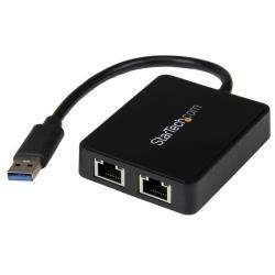 StarTech.com Adattatore USB 3.0 a doppia porta RJ45 con porta USB integrata - Scheda di rete esterna NIC LAN USB a Gigabit (USB32000SPT) - Adattatore di rete - USB 3.0 - GigE - 1000Base-T - 2 porte - nero