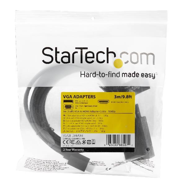 StarTech.com Cavo adattatore da VGA a HDMI da 3 m - Alimentazione via USB - 1080p -Convertitore attivo VGA (M) a HDMI (M) (VGA2HDMM3M) - Cavo adattatore - USB, HD-15 (VGA) maschio a HDMI maschio - 3 m - nero - attivo, supporto 1080p, Alimentazione USB + a
