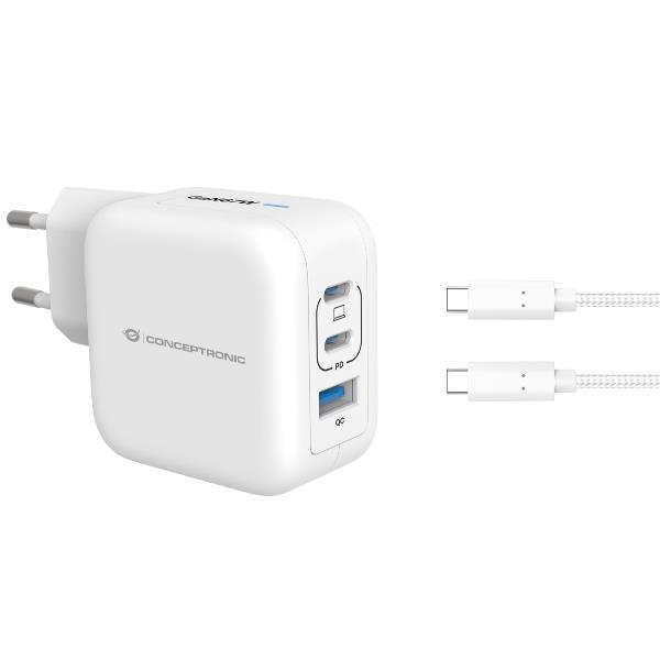 CONCEPTRONIC ALTHEA17W CARIBATTERIE DA RETE USB PD GaN 3 PORTE 67 W CON CAVO DI RICARICA USB-C MASCHIO-MASCHIO 1.5 MT BIANCO