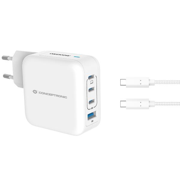 CONCEPTRONIC ALTHEA18W CARICABATTERIE PD USB GaN 100W 4 PORTE (3 x USB-C, 1 x USB-A, QC 3.0, PPS) CON CAVO DI RICARICA USB-C BIANCO