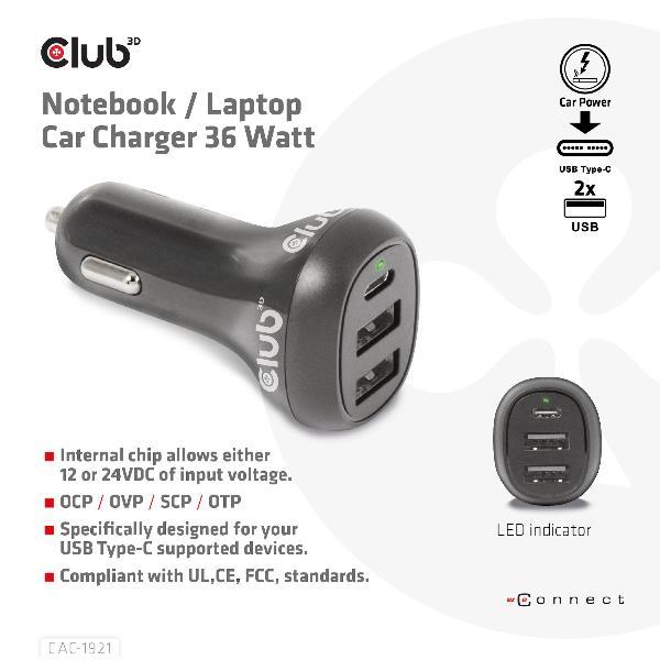 CLUB3D CAC-1921 NOTEBOOK CAR CHARGER CARICABATTERIE DA AUTO PER NOTEBOOK 36 W 1 x USB-C 2 x USB-A 12/24 V NERO