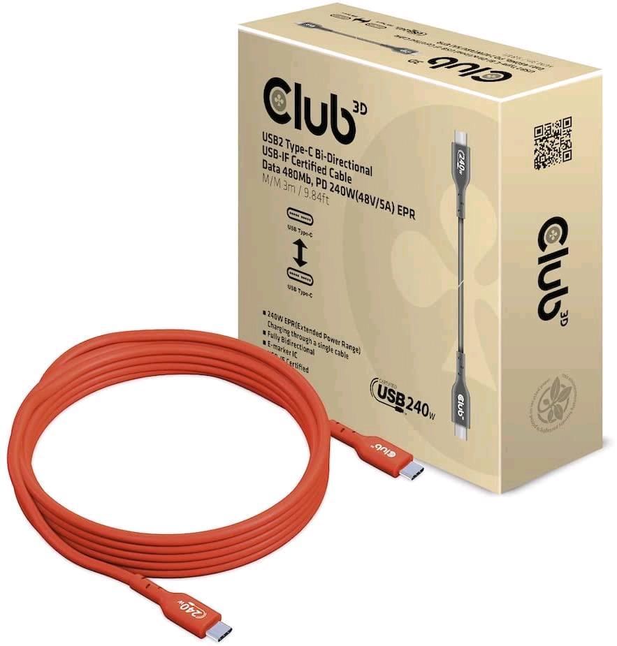 CLUB 3D CAC-1513 USB2 TYPE-C Bi-DIRECTIONAL USB-IF CERTIFIED CABLE DATA 480Mb, PD 240W (48V/5A) EPR M/M 3 MT