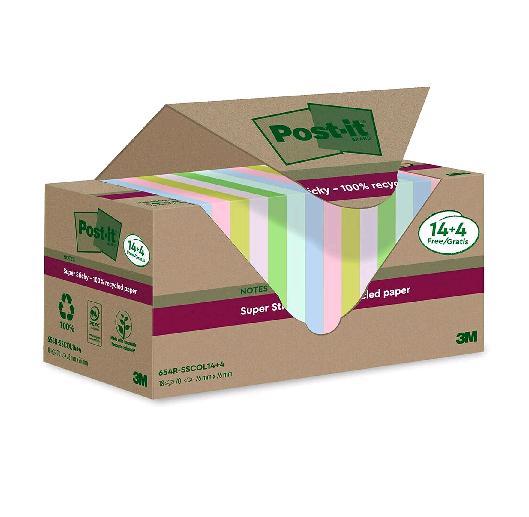 Blocco foglietti Post-it SuperSticky Green - SSCOL14+4 - 76 x 76 mm - carta riciclata - colori pastello assortiti - 70 fogli - Post-it - conf. 18 blocchi
