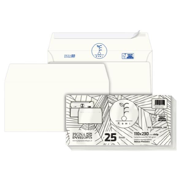 PIGNA KAMI STRIP BUSTA COMMERCIALE IN CARTA RICICLATA 110X230 mm 100GR SENZA FINESTRA CON STRIP BIANCO CONF 25 Pz.