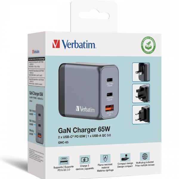 VERBATIM GNC-65 GaN CHARGER CARICABATTERIE DA RETE 65 W 3 USCITE 1 x USB-A 2 x USB-C GRIGIO