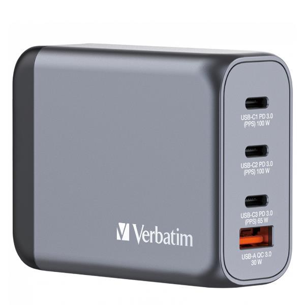 VERBATIM GNC-100 GaN CHARGER CARICABATTERIE DA RETE 100 W 4 USCITE 1 x USB-A 3 x USB-C GRIGIO