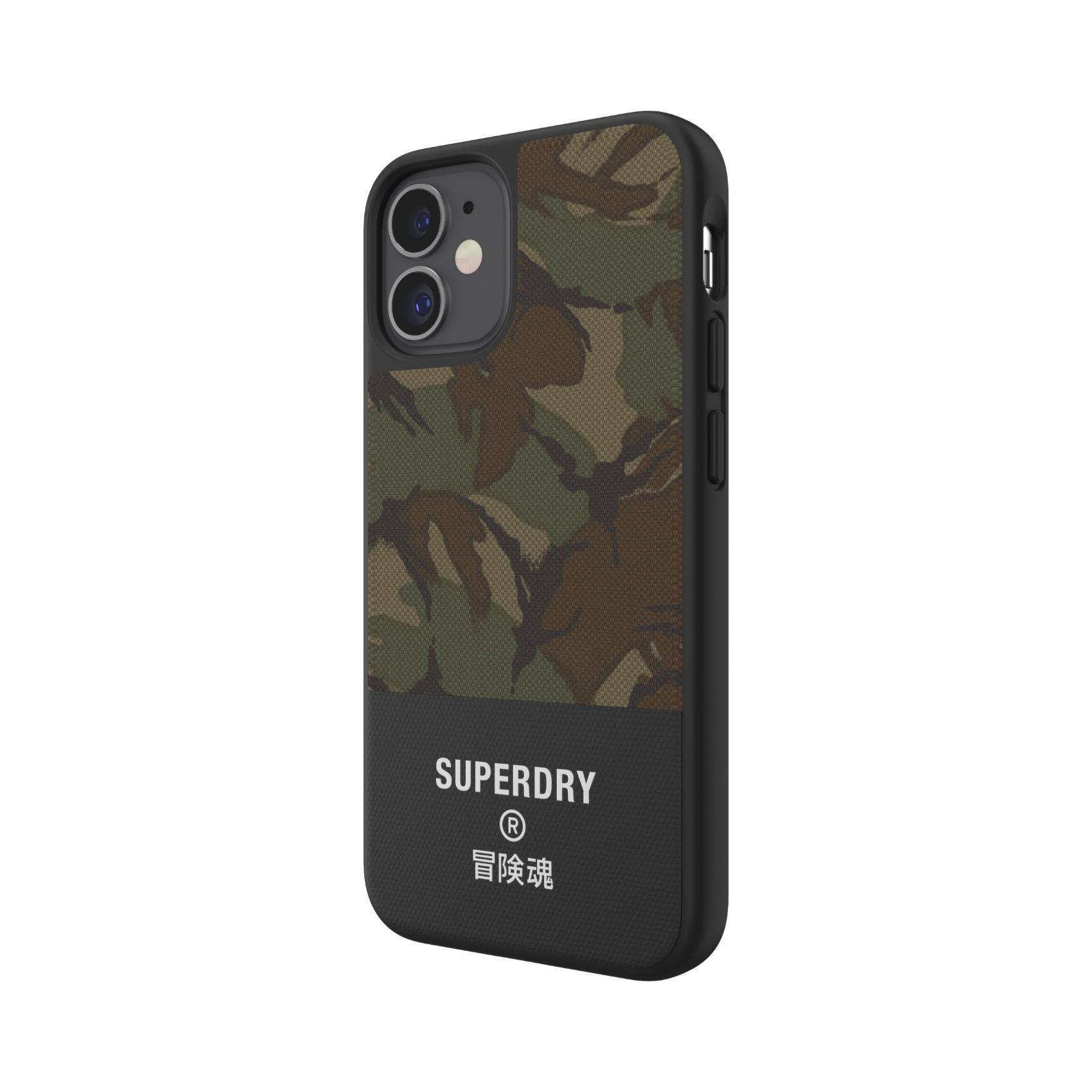 SUPERDRY APPLE iPHONE 12 MINI COVER IN TPU INTARSIATA IN TELA ANTI URTO CON LOGO SUPEDRY STAMPATO VERDE MIMETICO