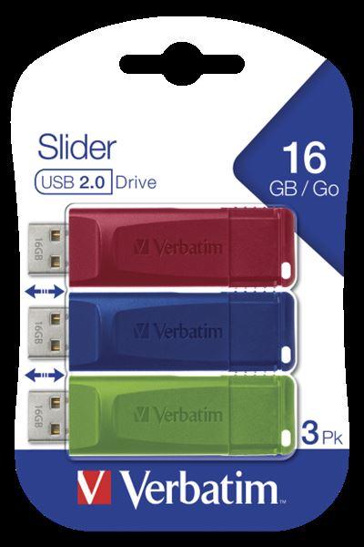 VERBATIM MEMORY USB 16GB SLIDER TRIPACK BLU VERDE ROSSO CONF 3 Pz.