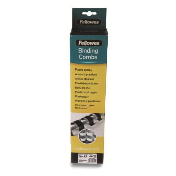 Fellowes - 16 mm - 21 anelli - A4 (210 x 297 mm) - 120 fogli - nero - 25 pezzi pettine per la rilegatura in plastica - per Fellowes Galaxy 500, Orion 500, Pulsar+ 300, Quasar+ 500, Star+ 150, Starlet 2+