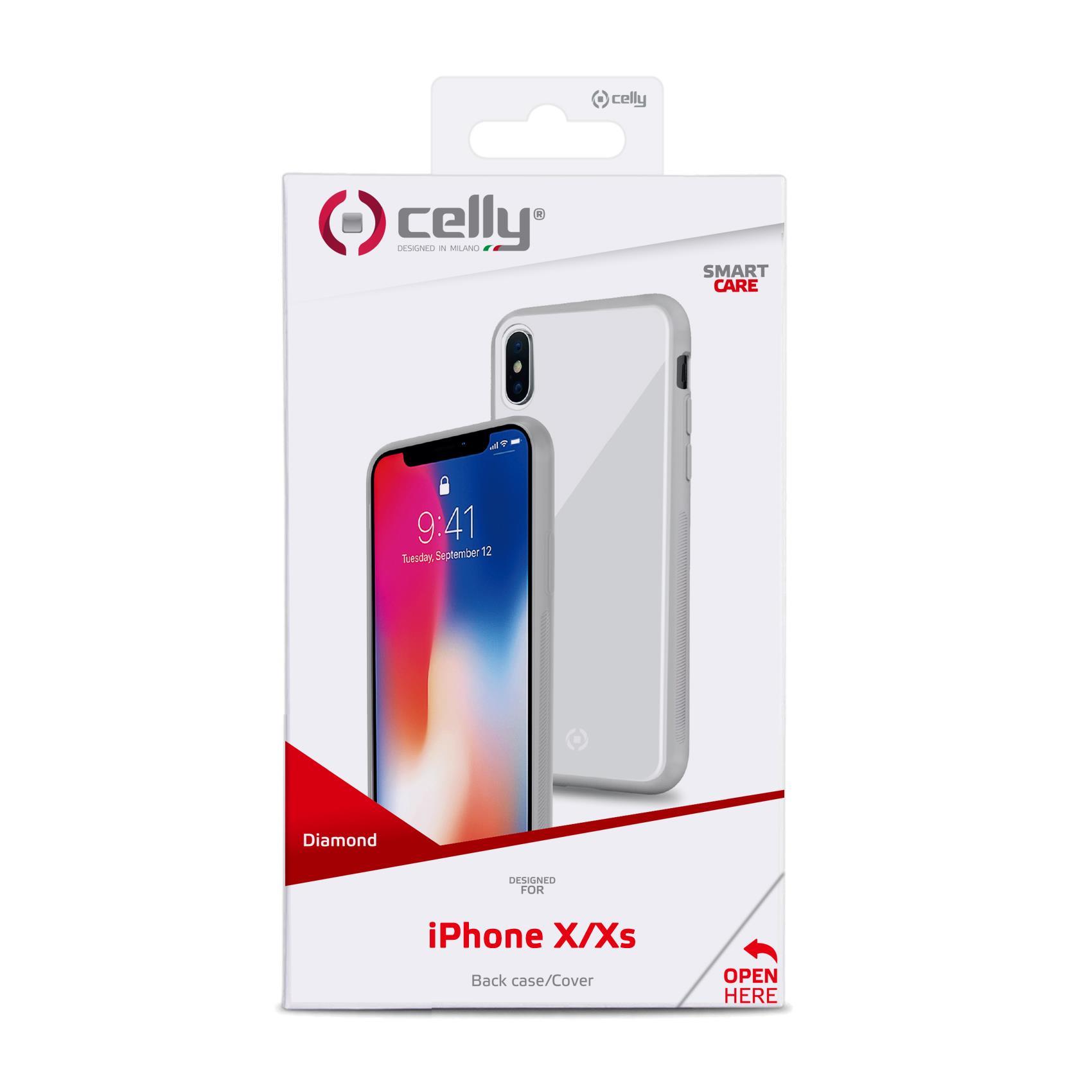 Celly DIAMOND - Cover per cellulare - vetro temperato, poliuretano termoplastico morbido (TPU) - bianco - per Apple iPhone X, XS