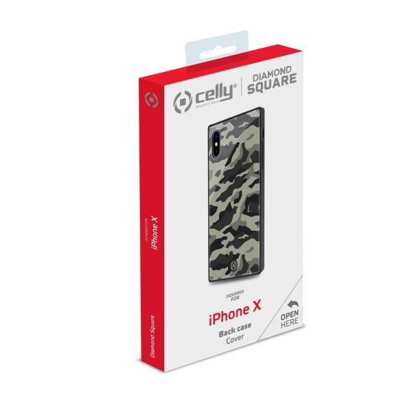 Celly Diamond Square - Cover per cellulare - vetro temperato, poliuretano termoplastico morbido (TPU) - nero - per Apple iPhone X, XS