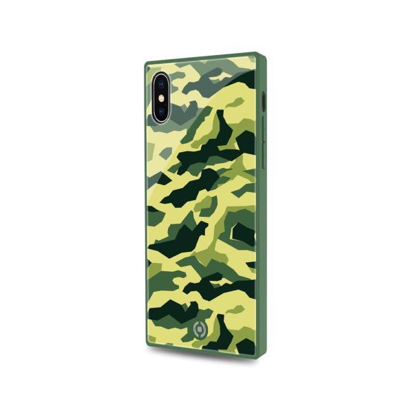 Celly Diamond Square - Cover per cellulare - vetro temperato, TPU (poliuretano termoplastico) - verde - Mimetico - per Apple iPhone X, XS