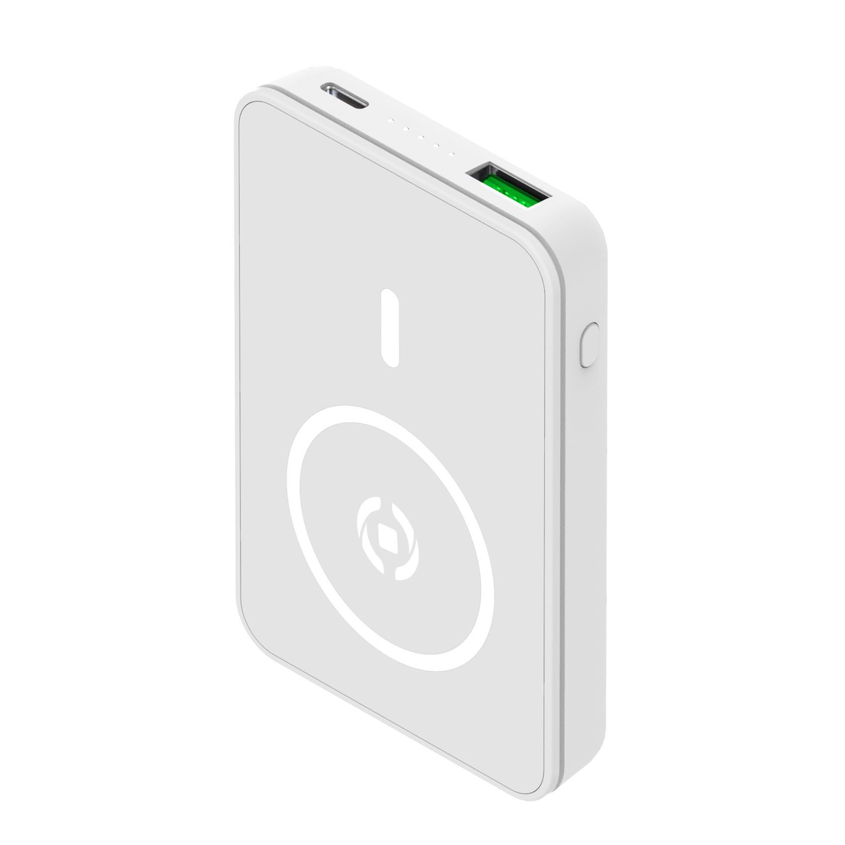 Celly MAG Charge MAGPB5000 - Supporto di ricarica senza fili / power bank - Li-Ion - 5000 mAh - 18.5 Wh - 2 A - 2 connettori di uscita (USB, USB-C) - bianco