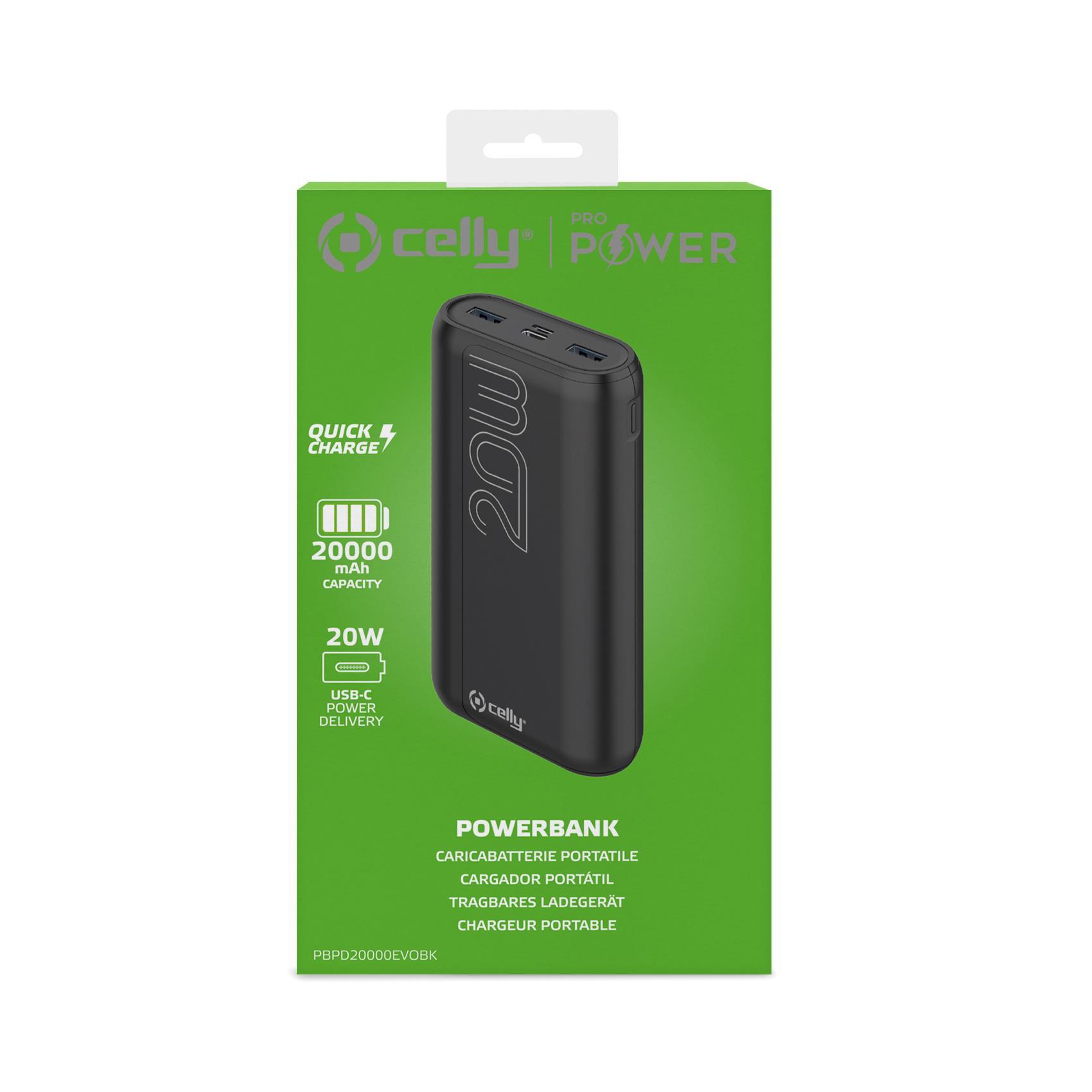 Celly ProPower PBPD20000EVO - Powerbank - 20000 mAh - 74 Wh - 20 Watt - 3 A - PD - 3 connettori di uscita (2 x USB, 24 pin USB-C) - nero