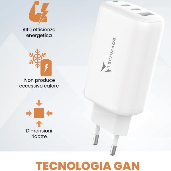 TECHMADE TM-P937-WH CARICABATTERIE DA RETE 65W FAST CHARGE 1 x USB-A 2 x USB-C BIANCO